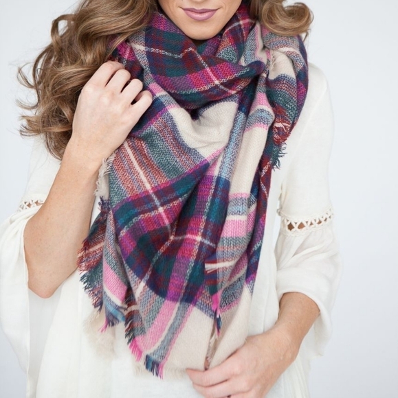New Fuchsia plaid soft Oversized blanket scarf - Picture 1 of 2